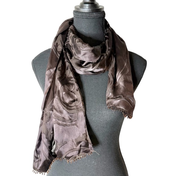 Danier Accessories - DANIER Chocolate Brown Silk Blend Lightweight Scarf Swirls Whimsical
